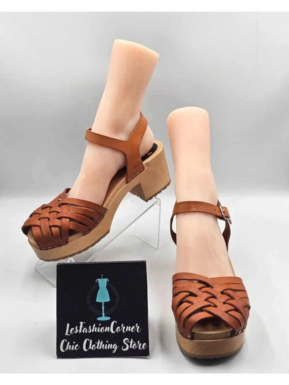 Swedish Hasbeens Womens Braided Tan Leather Sky High Wooden Clogs Sz 9.5 3719 - Picture 1 of 16